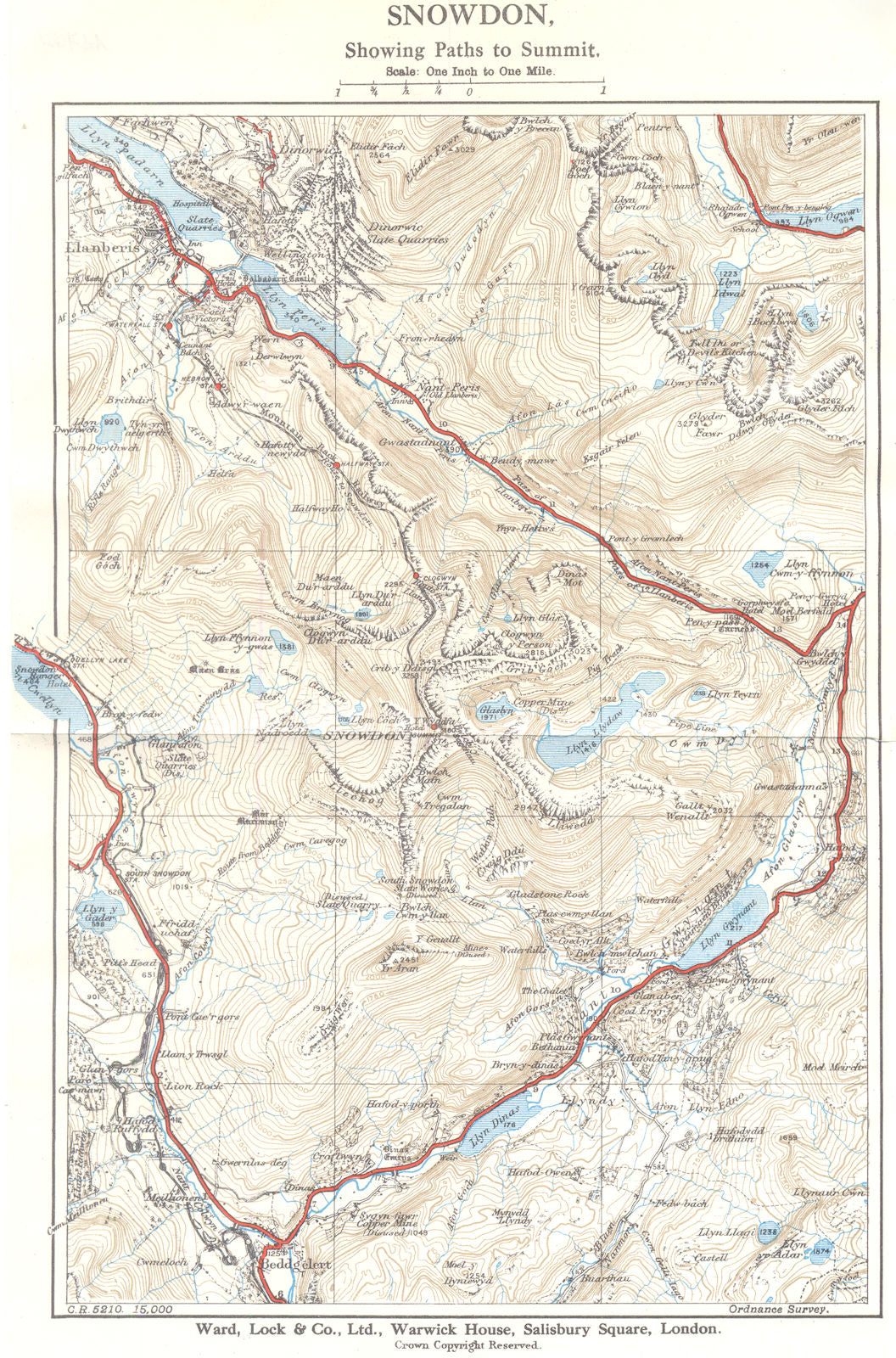 WALES. Snowdon, showing paths to summit. WARD LOCK 1936 old vintage map chart